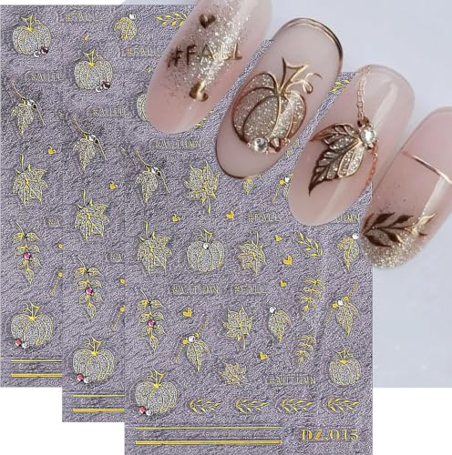 Fall Nail Stickers Gold Pumpkins Maple Leaf Nail Decals 3PCS 3D Self-Adhesive Glitter Pumpkin Leaf with Rhinestone Cute Nail Manicure Accessories Halloween Stickers for Women DIY Nail Decorations