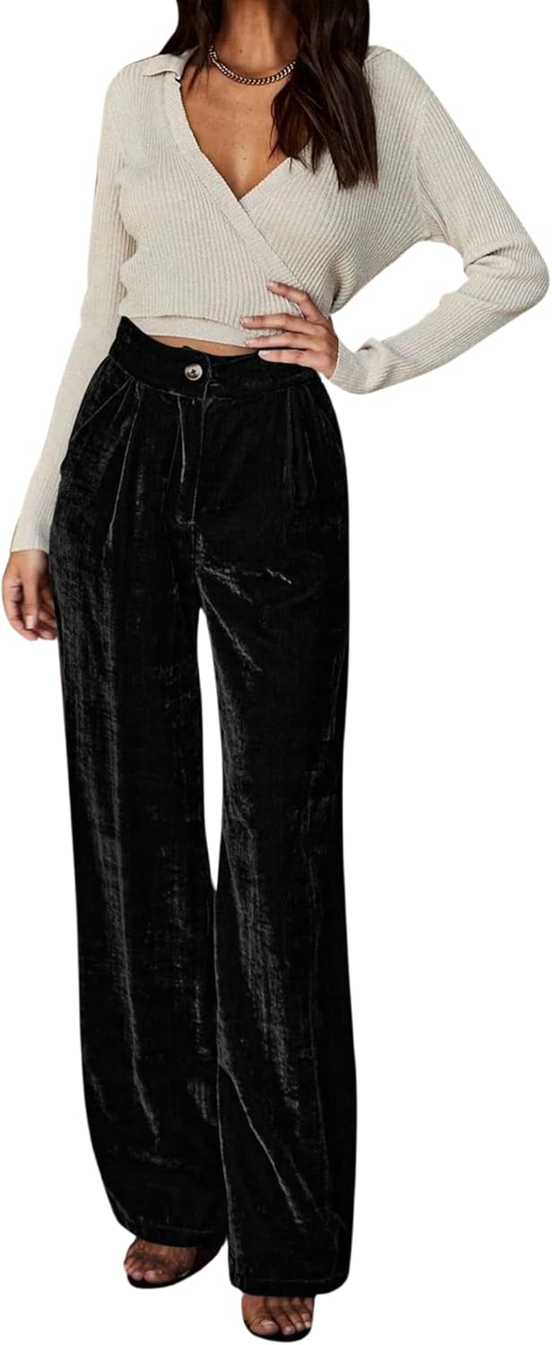 JUMISEE Women’s Velvet Wide Leg Pants Elastic High Waisted Palazzo Pants Business Work Casual Trousers with Pockets - Image 2