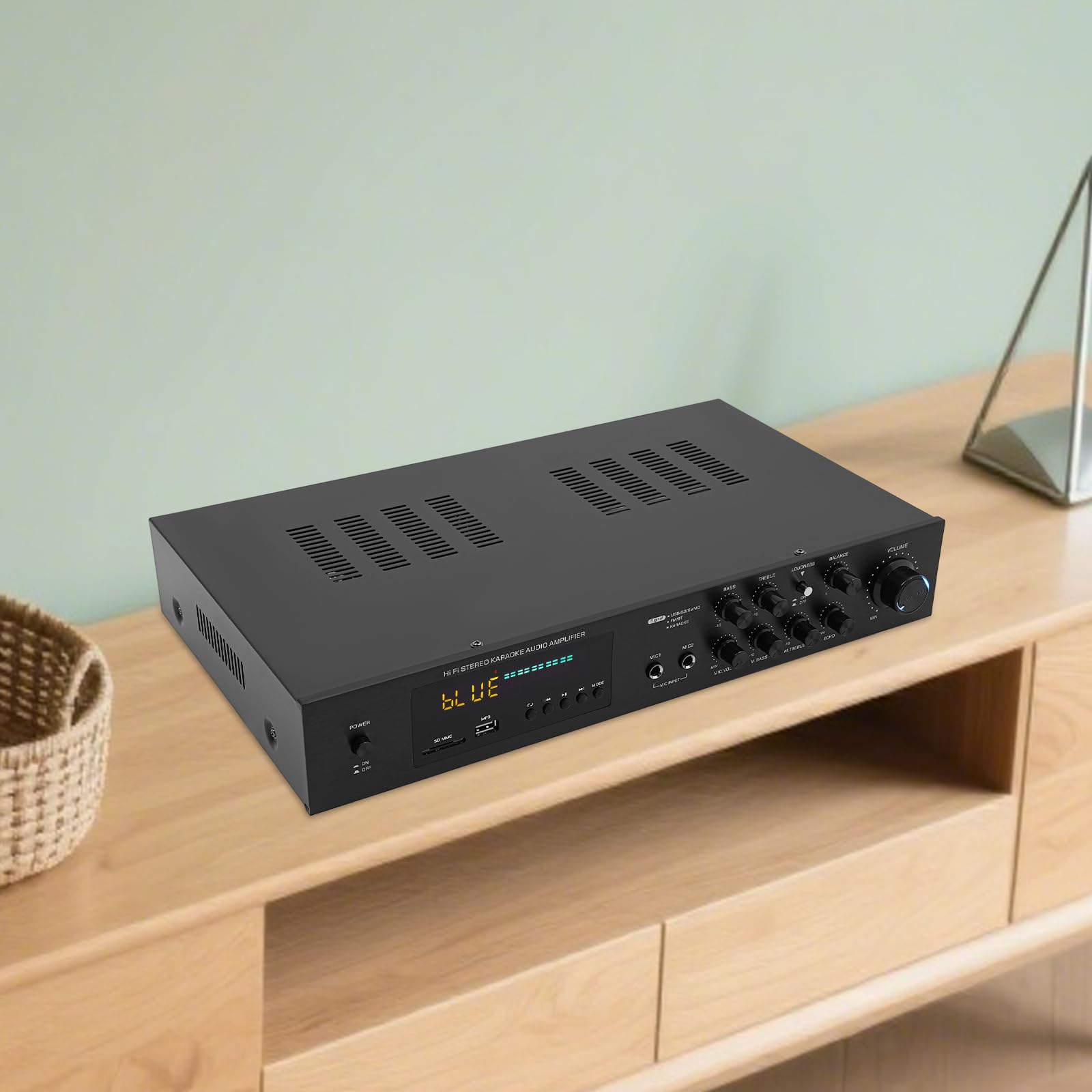 Amplificateur audio 600 W 5.1 canaux avec Bluetooth 5.0, SD/USB/RCA/AUX/MP3, radio FM, écran LED, télécommande, double ports microphone, amplificateur home cinéma HiFi pour karaoké et voiture