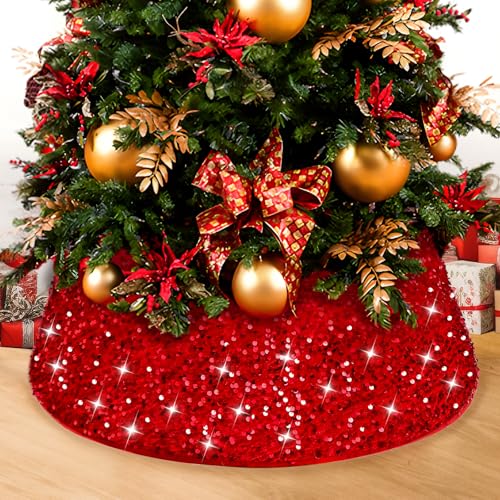 Silverchry Falda de Árbol de Navidad con Lentejuelas, Collar de Árbol de Navidad 60×40cm, Cubierta Base de Árboll Navideño, Adornos navideños para Hogar (Rojo)