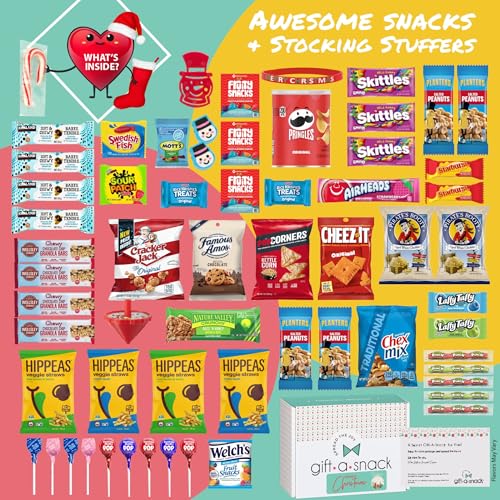 Image of Gift A Snack - Christmas Candy Stocking Stuffers, Pre-filled Holiday Snack Box Care Package + Greeting Card (60 Count) Sweet Treats Gift Basket, Candies Chips Office Food Assortments