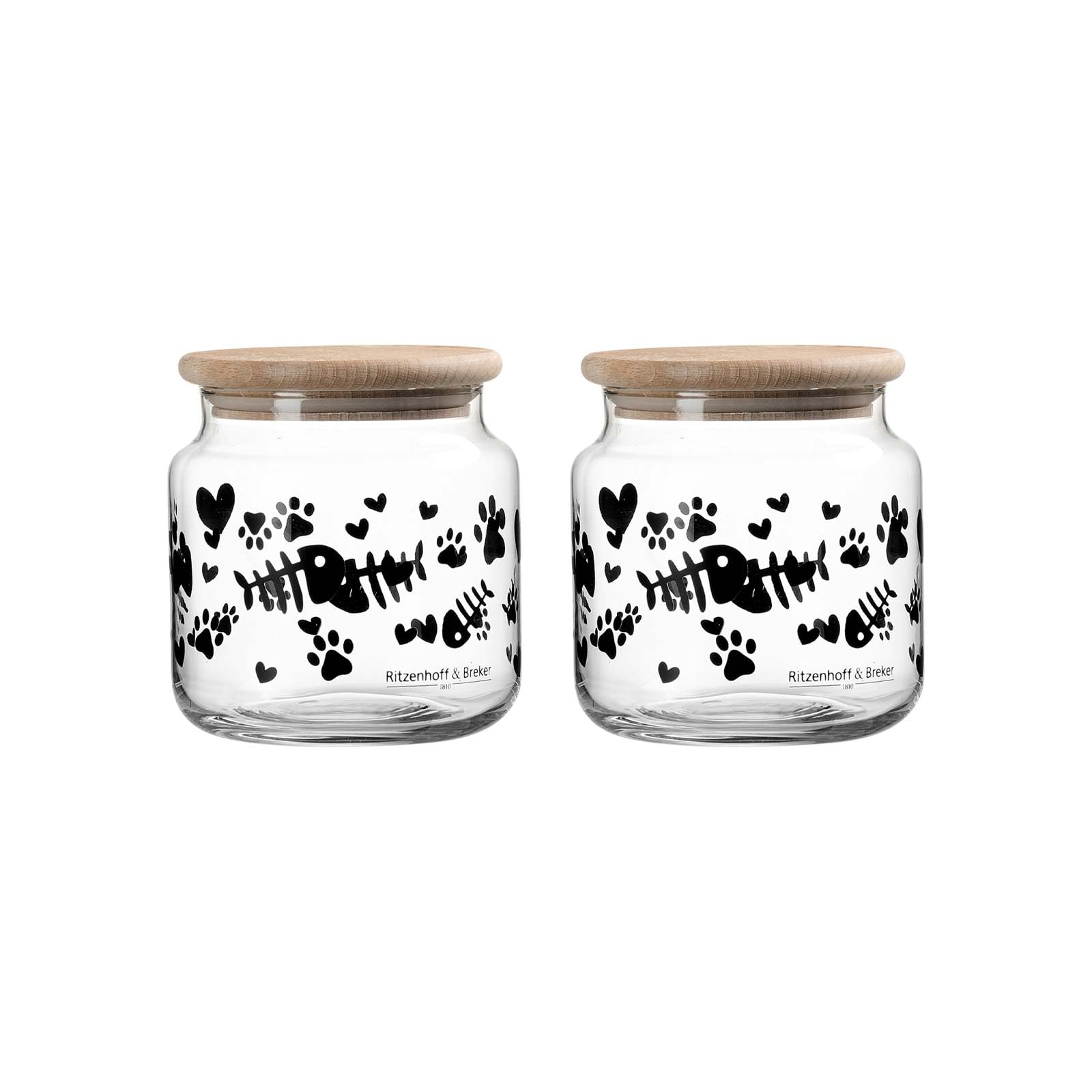 Ritzenhoff & Breker Mika Cat Leckerli-Dosen mit Deckel ø 10 cm 2er Set | Vorratsgläser mit Buchenholz-Deckel für Katzen-Snacks | Luftdichter Verschluss durch Silikonring | 600 ml