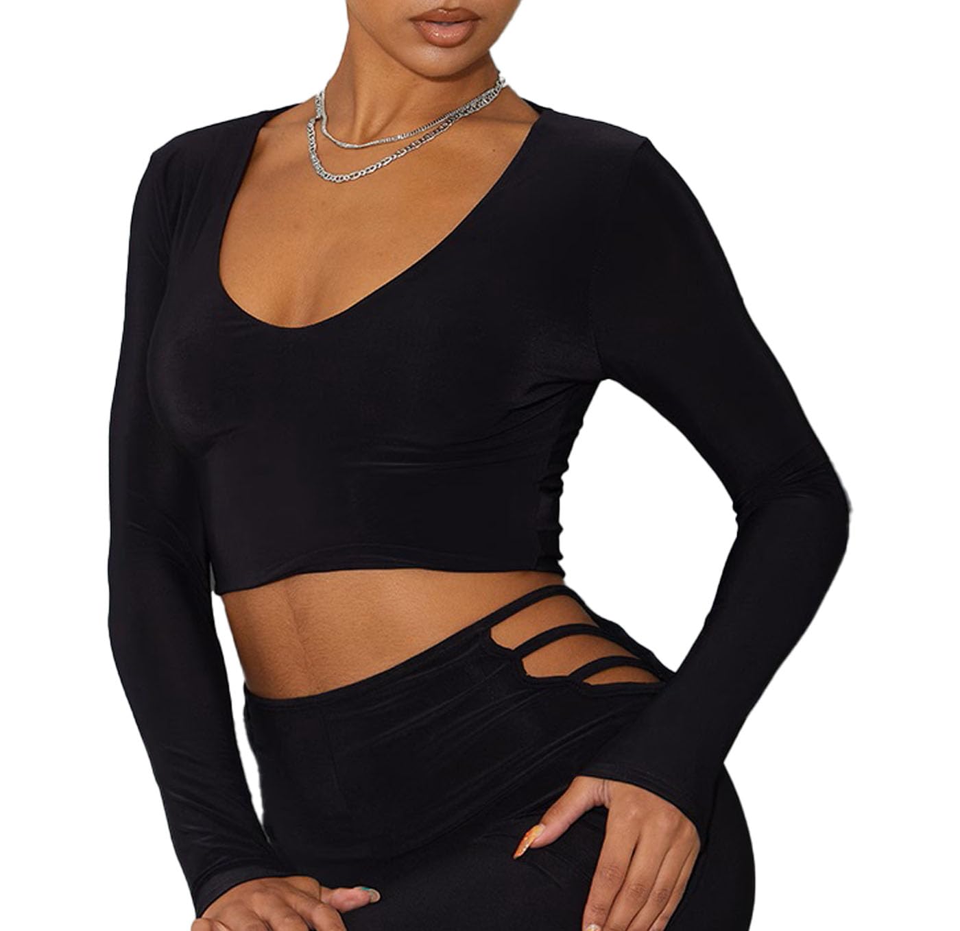 PUERY Sexy Women's Basic Top Black V Neck Solid Tops Full Sleeves Blouse Crop Top for Women