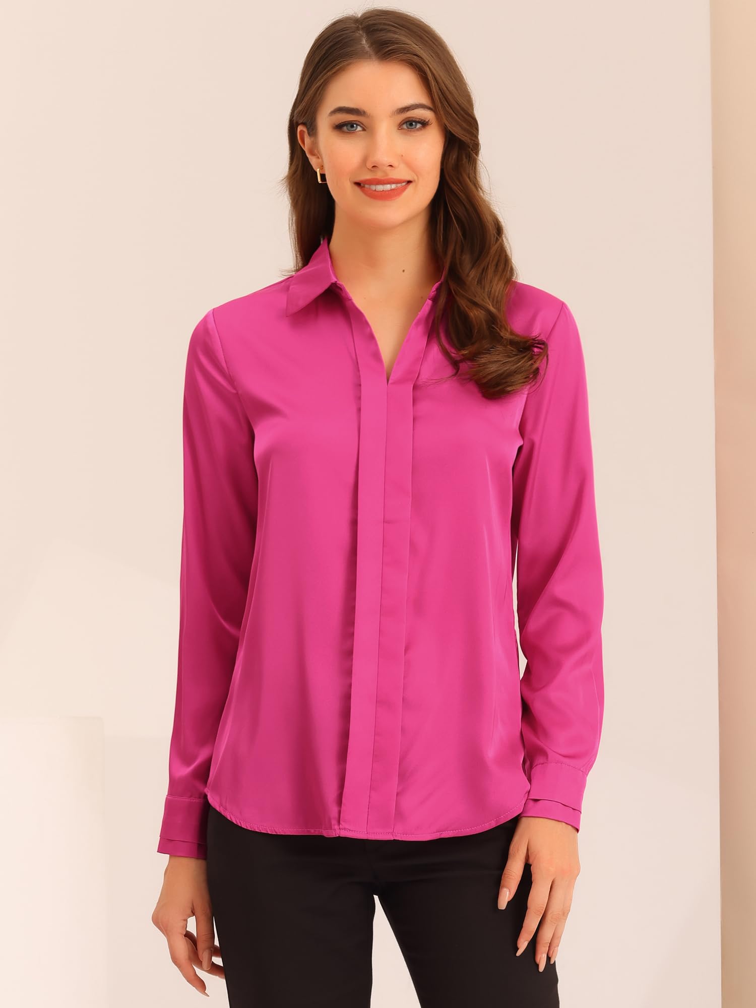 Allegra K Chemisier en satin élégant à manches longues et col en V pour femme, rose vif, Taille M