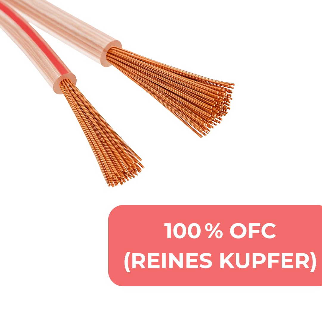 Cavo per altoparlante, 2 × 1,5 mm², 100 metri, in puro rame OFC, trasparente con striscia di marcatura rossa, flessibile e robusto, per HiFi, surround, home cinema, auto e studio