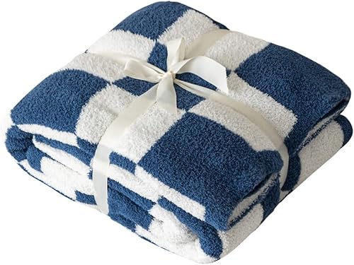 Miniatura 2 de Manta de punto de microfibra mullida de cuadros de ajedrez, súper suave y acogedora, ligera, para sofá y cama, cuadros escoceses, azul marino, 51 x