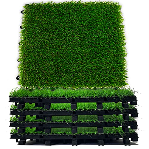 Interlocking Grass Deck Tiles 10 Pack - 12 x 12 Turf Tiles | Snap On Tile Flooring - Fake Grass Tiles, Artificial Grass Floor | Rubber Tiles, Outdoor Tile for Patio Table, Grass Balcony Decor