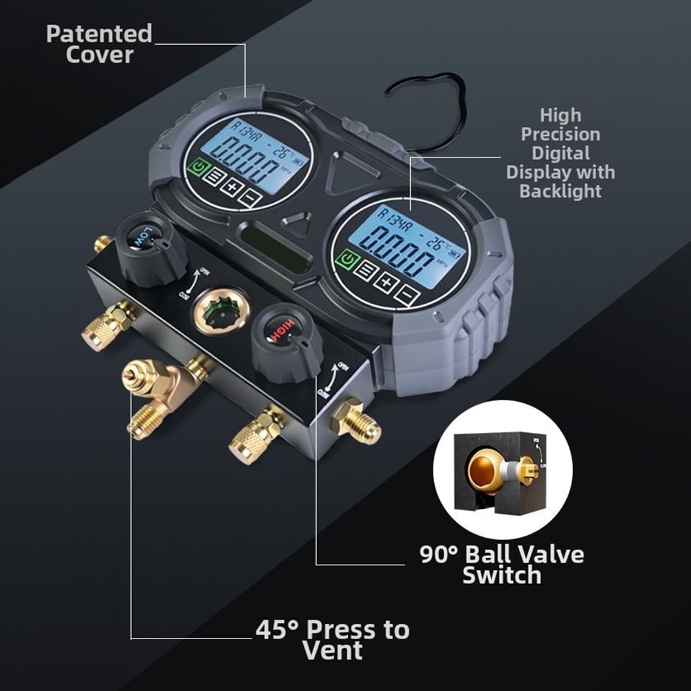 Digitales -Manometer mit Kugelventil, 0-6000 kPa Druckmessgerät für HVAC, Vakuumtester mit TFT-Display für R134A, R410A, R32, R290, für r1234yf und weitere zur