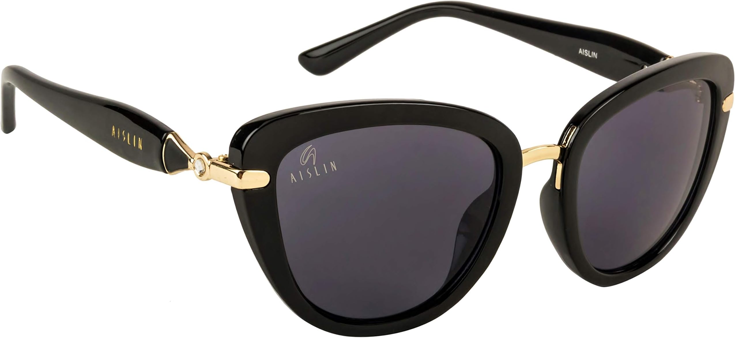 AISLINUV Protected Rectangular/Cat eye Sunglasses For Women - (Medium | Black Lens | Black-Gold Frame)