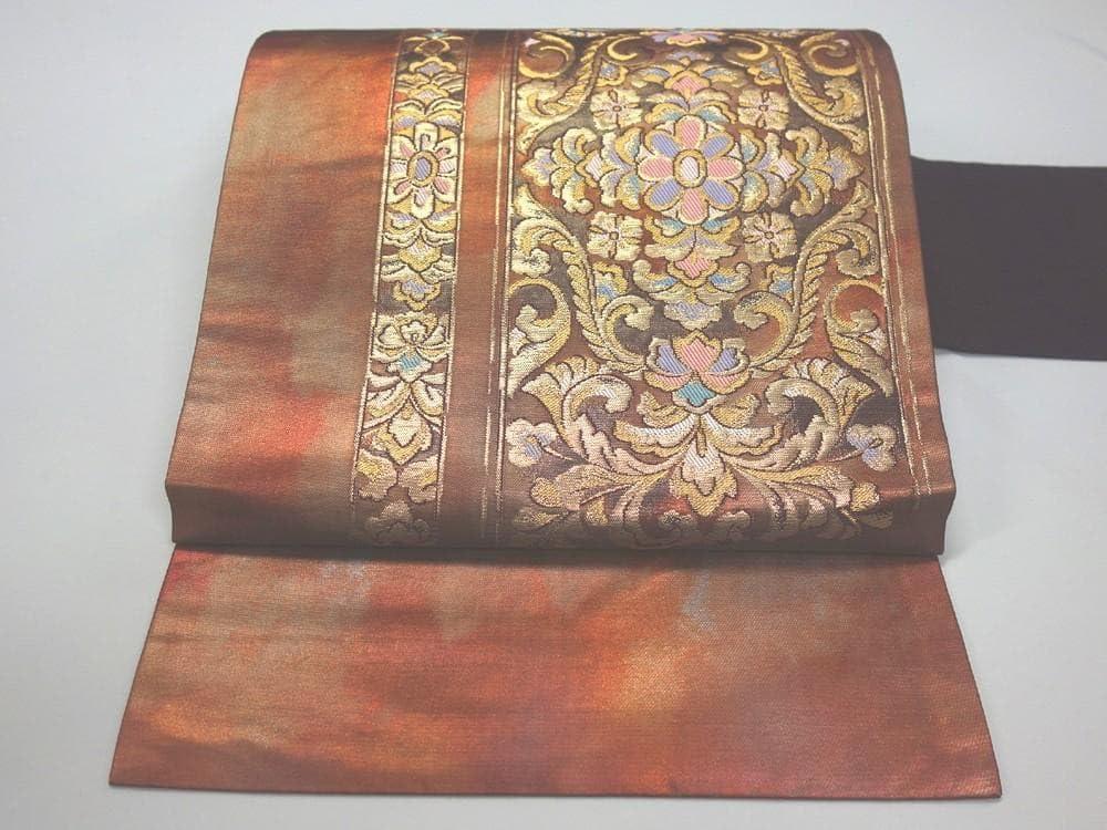 名古屋帯 華柄 金糸 赤紫&times;茶色