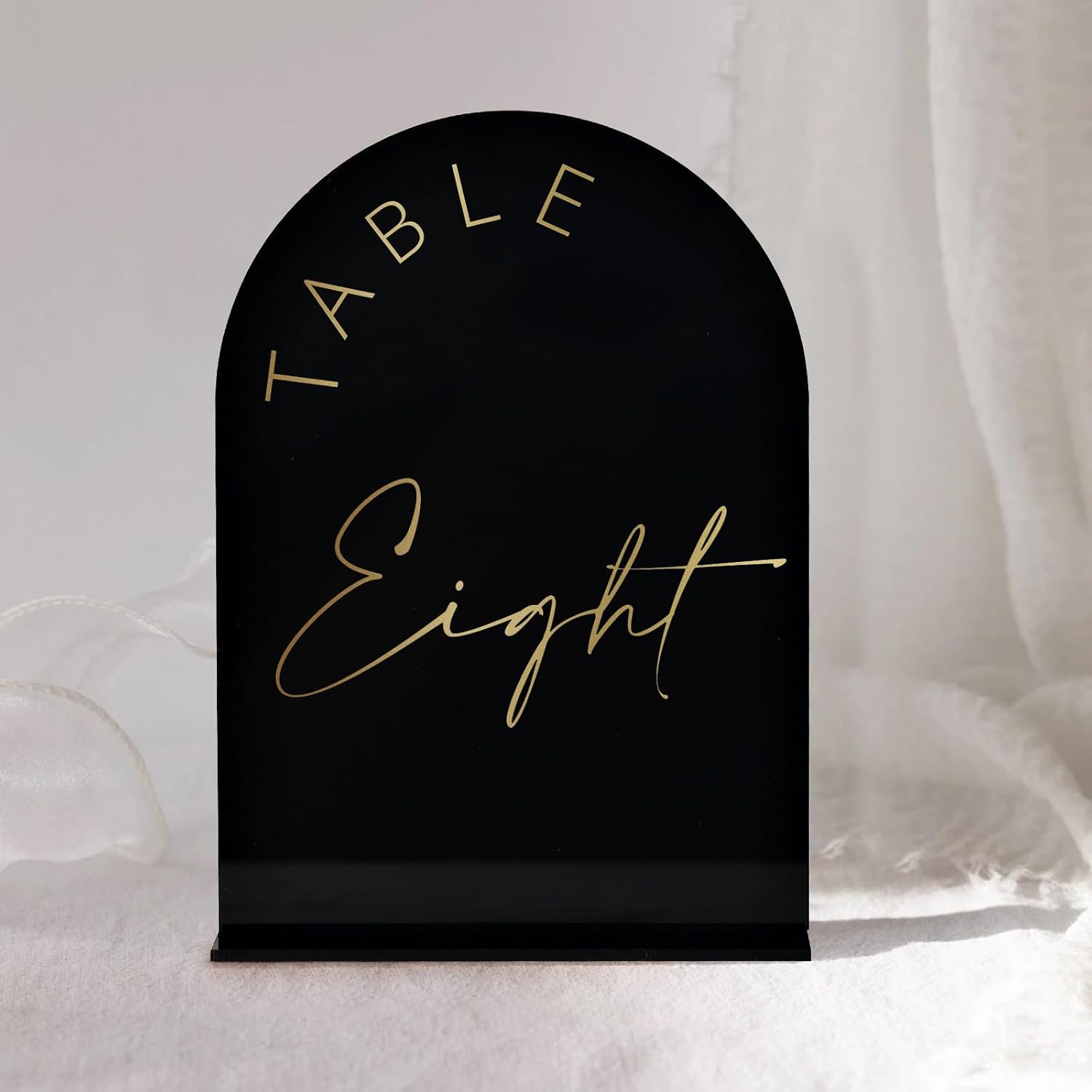Black Arch Wedding Table Numbers 1-25 with Stands, 5x7 Inch Arch Acrylic Sign Black and Gold Lettering, Arch Acrylic Table Numbers for Wedding Reception image 4