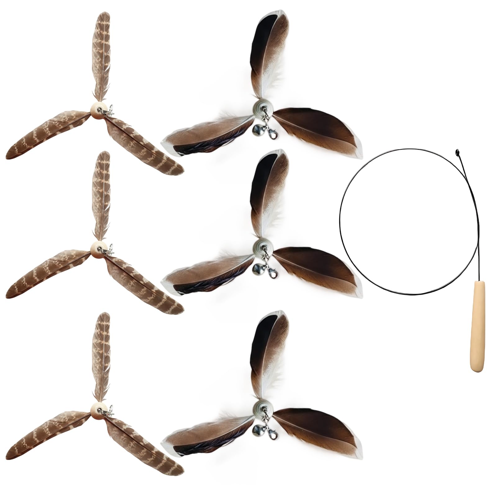 YTLSDHF 6 Feather Refills with Wooden Handle and Steel Rod, Cat Wand with Feather Attachments and Bell, Interactive Cat Teaser Wand Toy, Cat Feather Toy for Indoor Play and Exercise