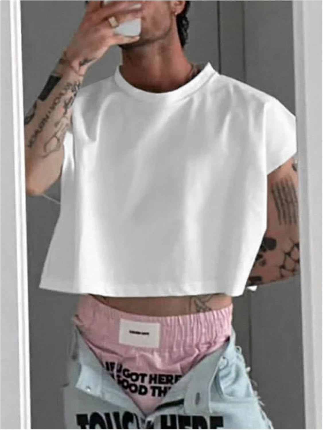 GORGLITTER Men's Cap Sleeve Cropped Tee Top Unisex Crew Neck Dolman Sleeve Oversized T Shirt - Image 4