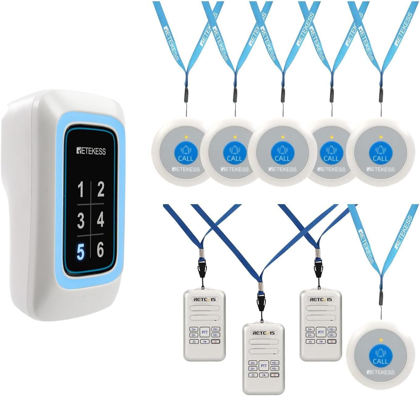 Retevis RT20 Walkie Talkies for Adults Bundle with Retekess TH109N Nurse Call System,1 Plug-in Receiver 6 Panic Buttons for Elderly at Home, Hospital, Nursing Station