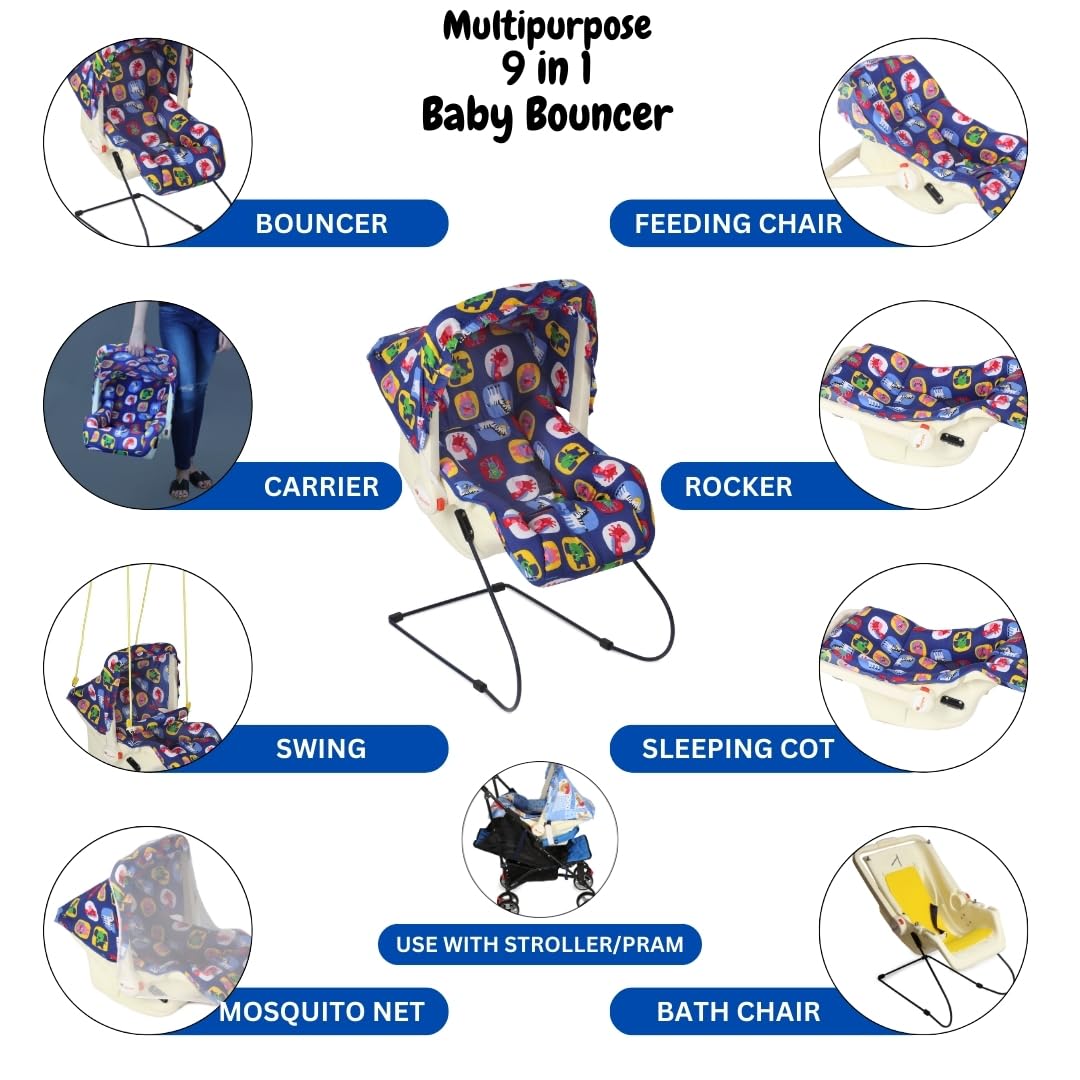 INFANTO Multipurpose 9 in 1 Bouncer | Compatible with Stroller | Rocker | Feeding Chair | Sleeping Carrier | Bath Chair | Mosquito Net | RB38-(Blue) 3