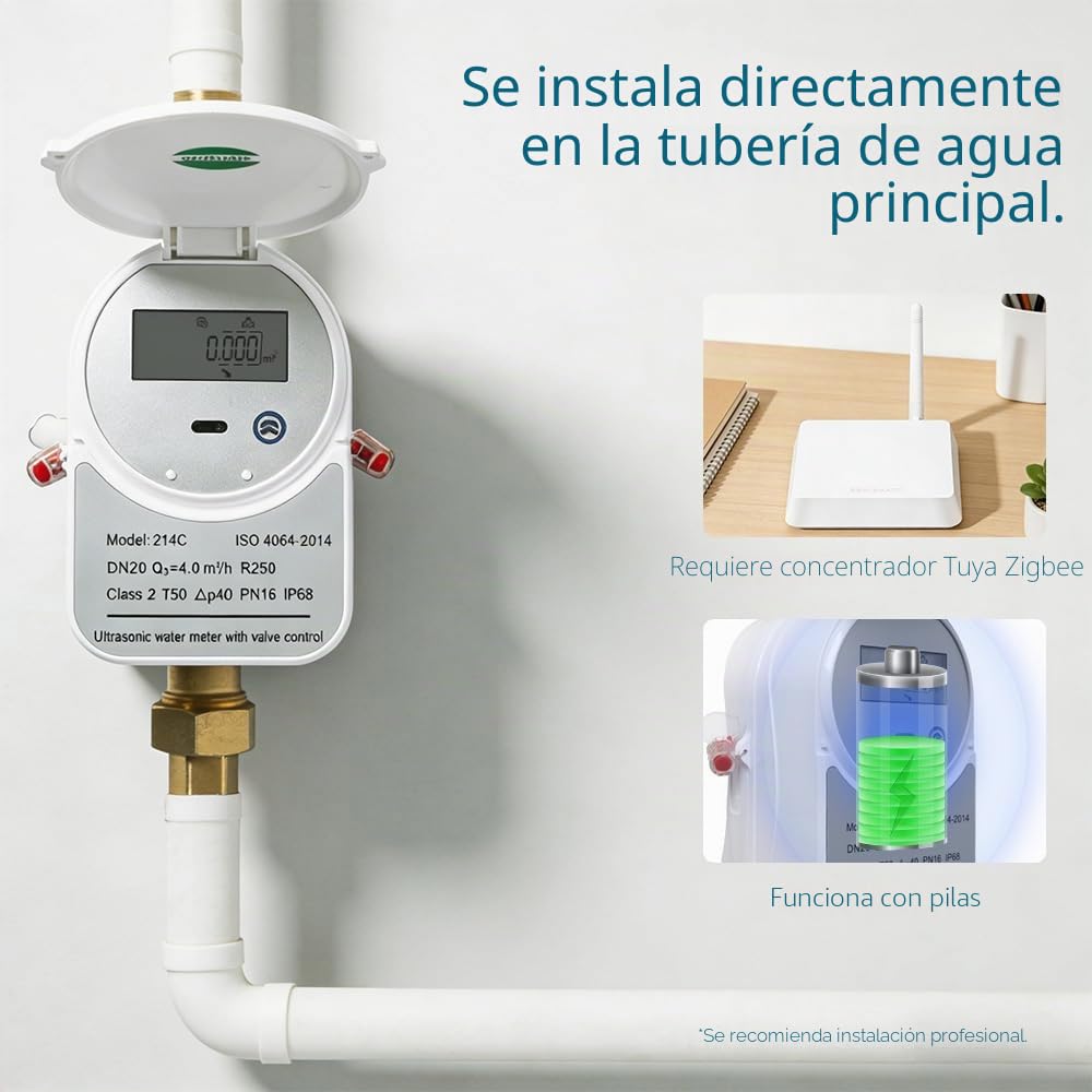 Contador de agua inteligente ZigBee con válvula de cierre y pantalla LCD 214C - Funciona con Tuya Smart y Home Assistant, alimentado por batería, monitoreo remoto del flujo, se requiere un hub ZigBee