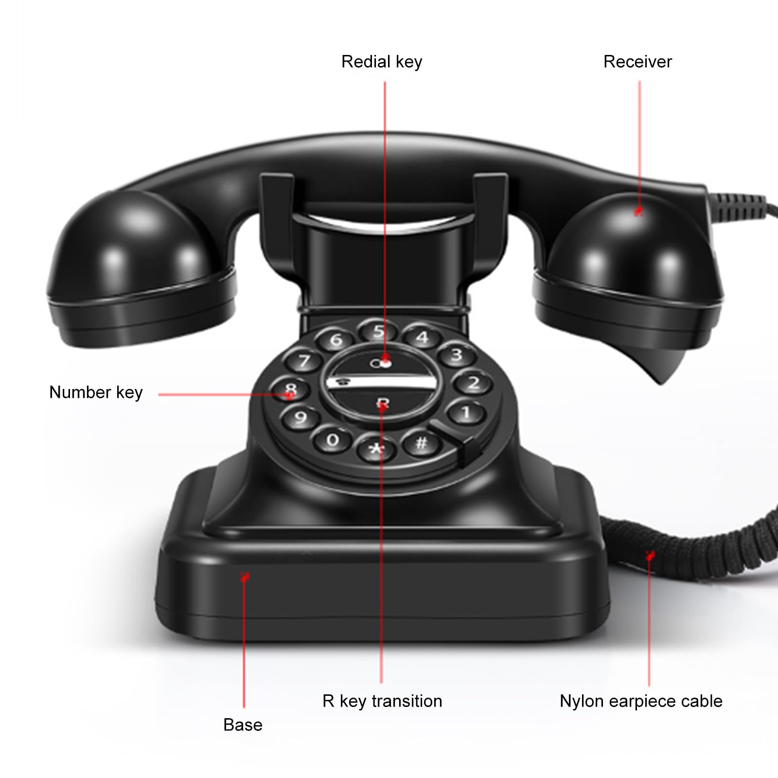 Diseño de teléfono fijo con cable, función de remarcación automática, conectores en conectores, compatibles con teléfonos de marcación de líneas estándar