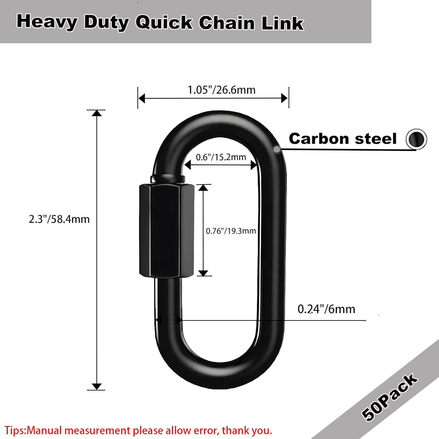 50PCS 2.3 Inch Heavy Duty Quick Chain Links, 1/4 Threaded Black Carabiners for Hammock Camping, 900LB Capacity