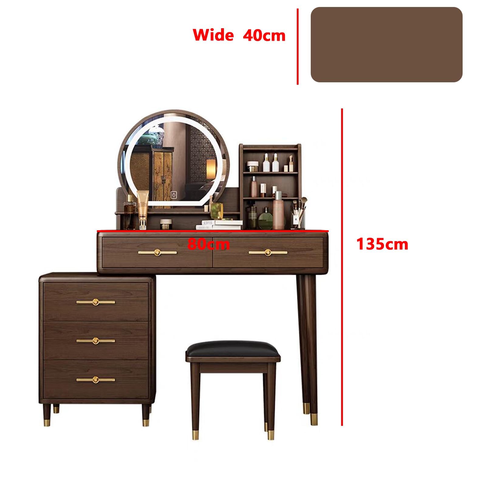 Tocador Juego de tocador de Madera Maciza con Espejo LED y Taburete, tocador, Escritorio de Maquillaje con 5 cajones para Dormitorio de niña y Mujer Multifunción