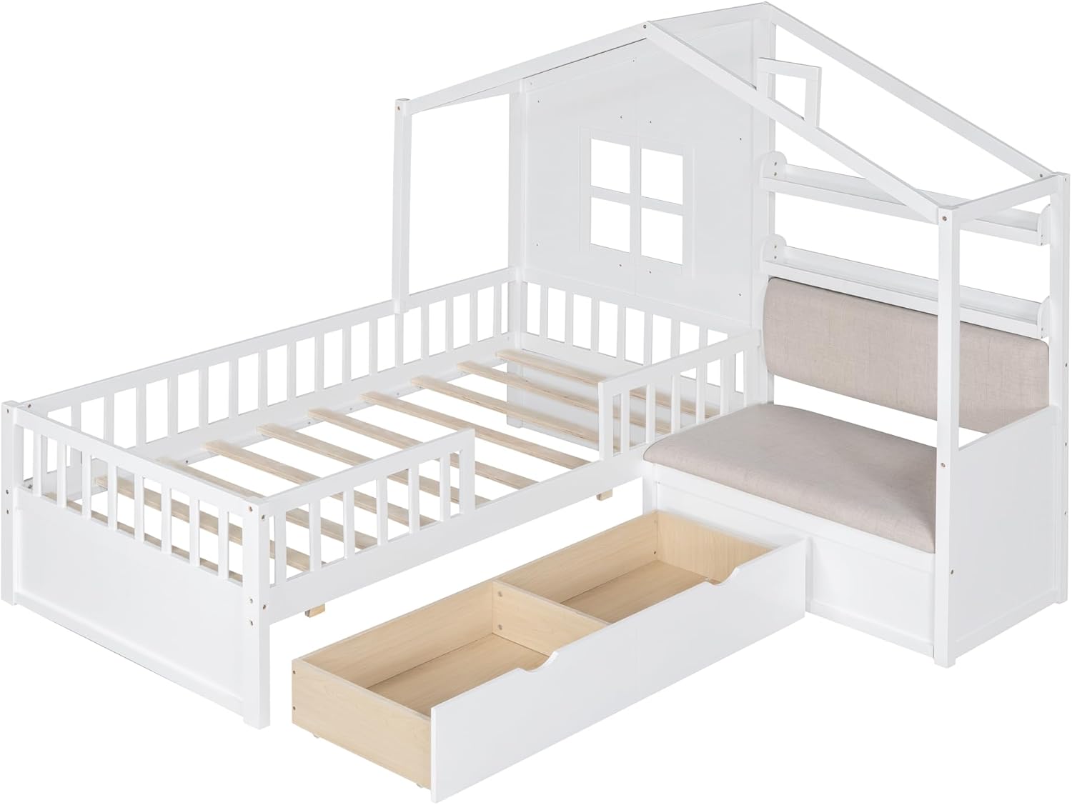 House Platform Bed with Upholstered Sofa, Twin Size Bed with Two Drawers and Storage Shelf, Wood L-Shaped Platform Bed with Window and Roof Design for Kids Teens (White,19)