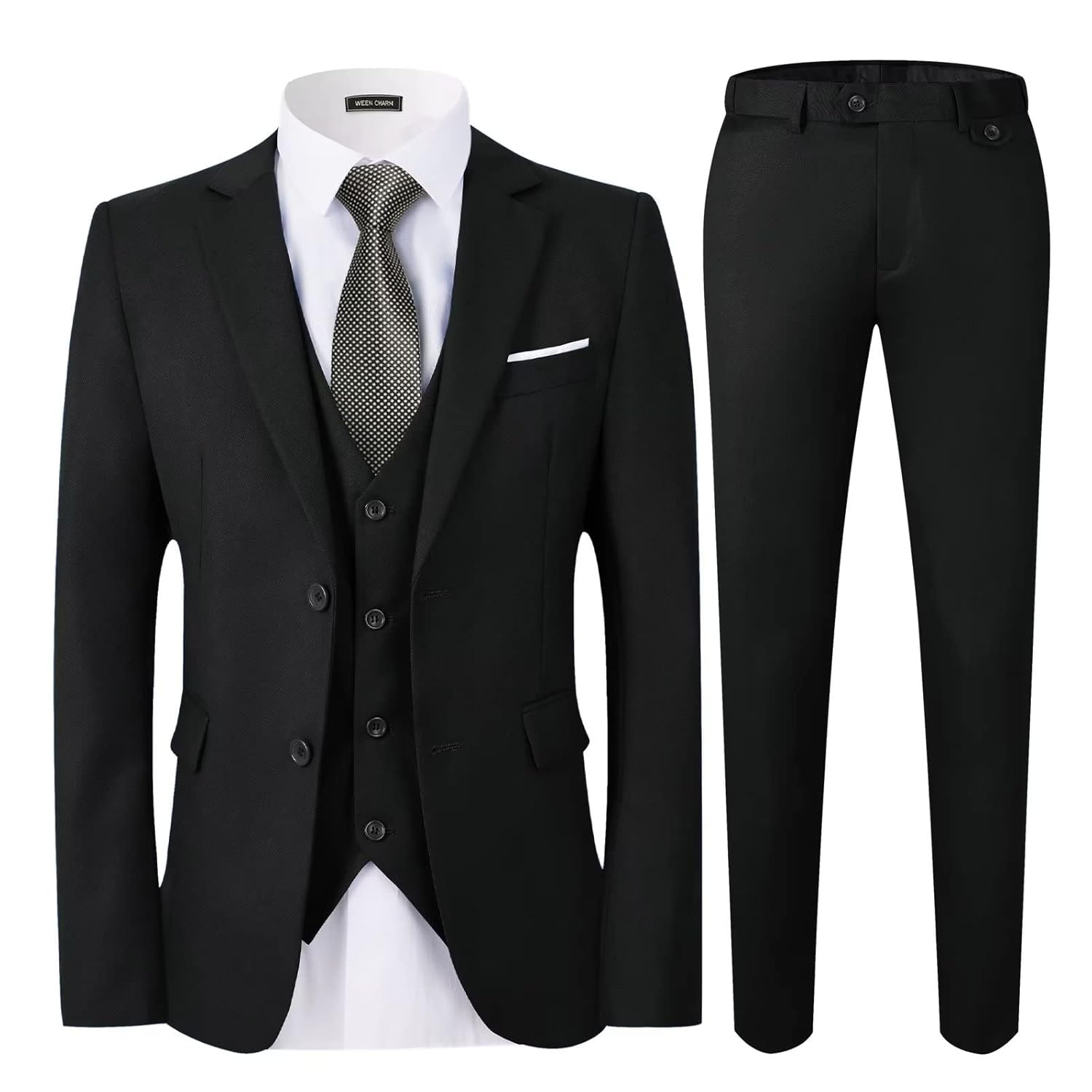 WEEN CHARM Ternos masculinos slim fit, terno de 3 peças para homens, blazer de 2 botões, colete e calça com gravata, conjunto de terno de smoking masculino