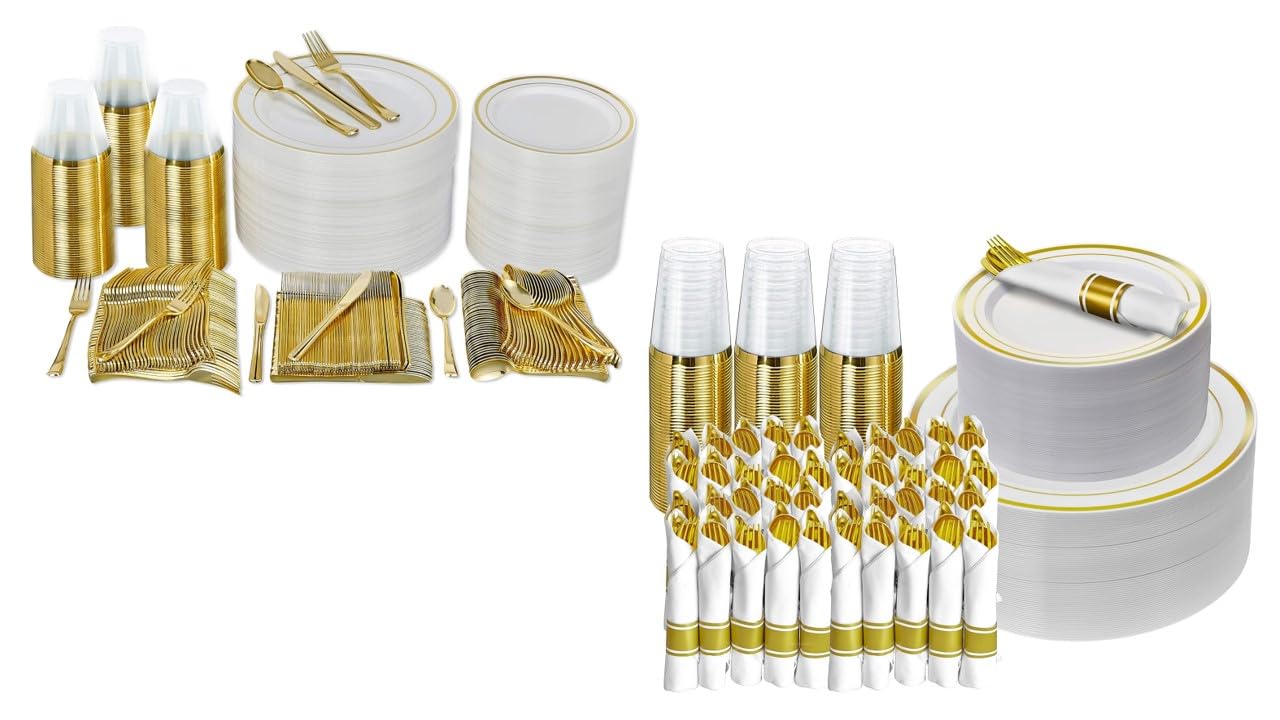 Prestee950 Piece Disposible Dinnerware Set for 150 Guests - Reusable Party Supplies Set - 150 Big Dinner Plates, 150 Small Salad Plates, 150 Knives, 150 Forks, 150 Spoons, 150 Cups and 50 Napkins