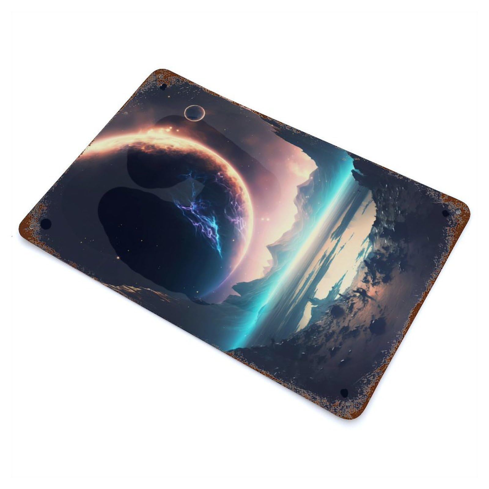 Rust Effect Tin Sign with Horizon of Universe Design 11.8"x7.9", for Pub, Kitchen And Man Cave Decor, Industrial Home Decor