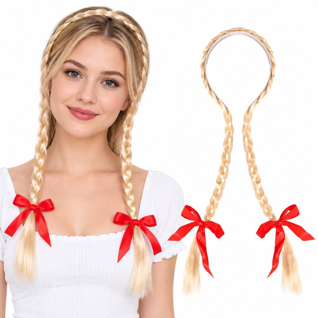 Womens Oktoberfest Bavarian Blonde Plait Headband Wig Red Bow Fancy Dress