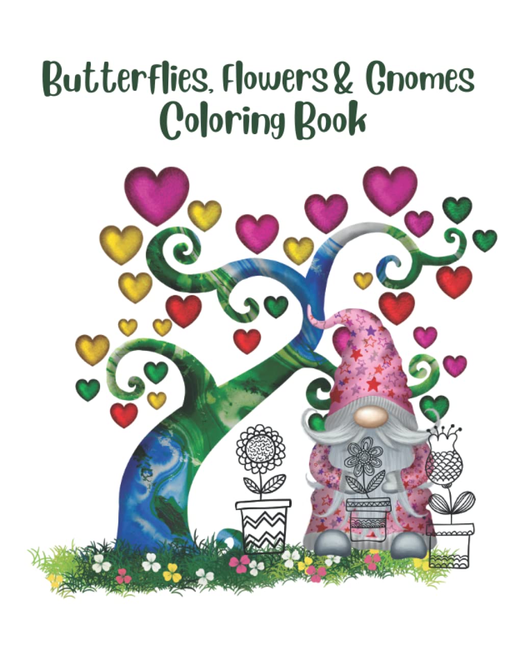 Butterflies, Flowers, and Gnomes Coloring Book, Large size 8.5x11 inches, 36 illustrations, one per page, soft cover: Activity coloring book for teens, young adults and adults.