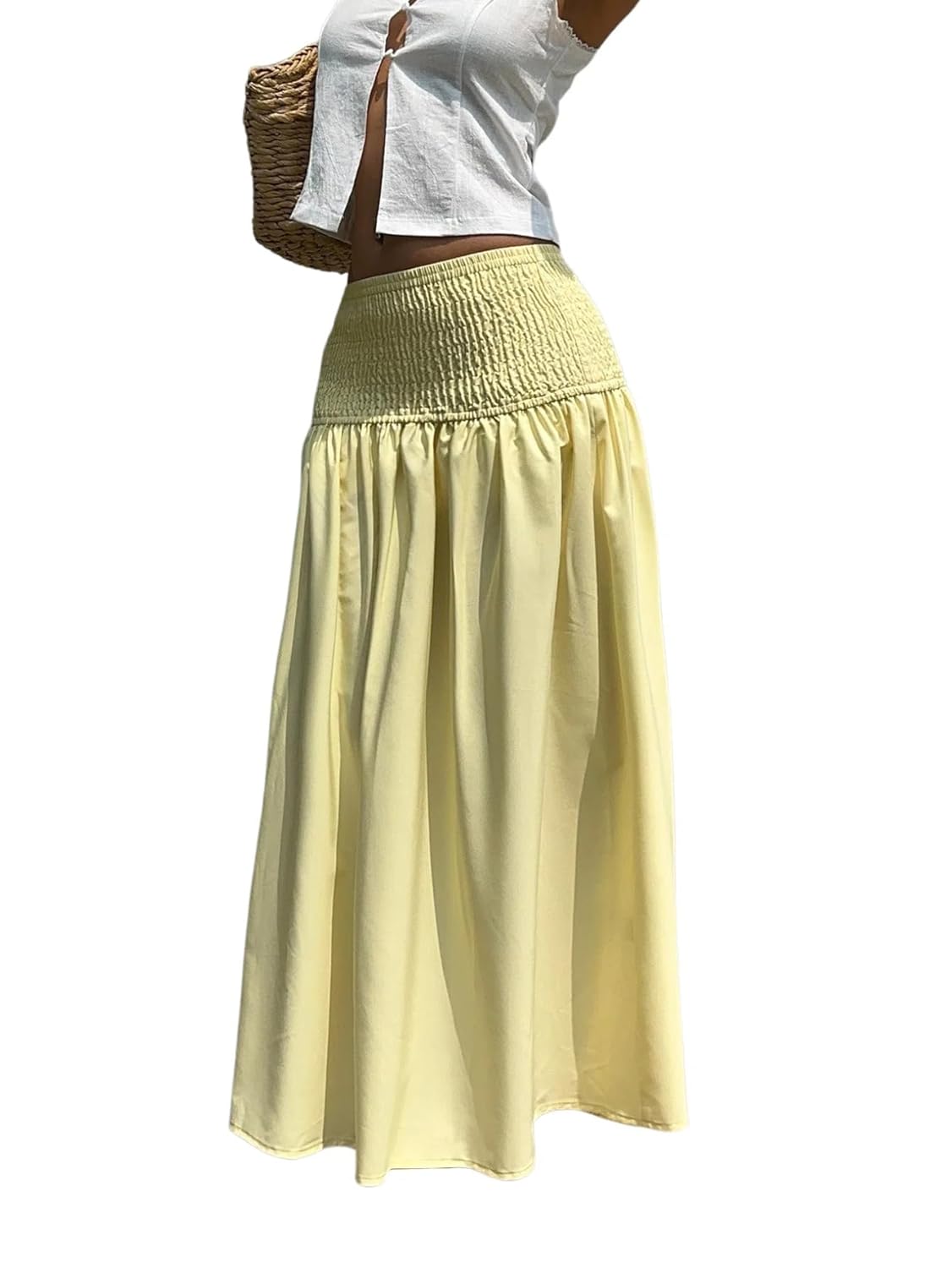 GORGLITTER Womens Flowy Ruffle Shirred Maxi Long Skirt Elastic High Waist A Line Skirts