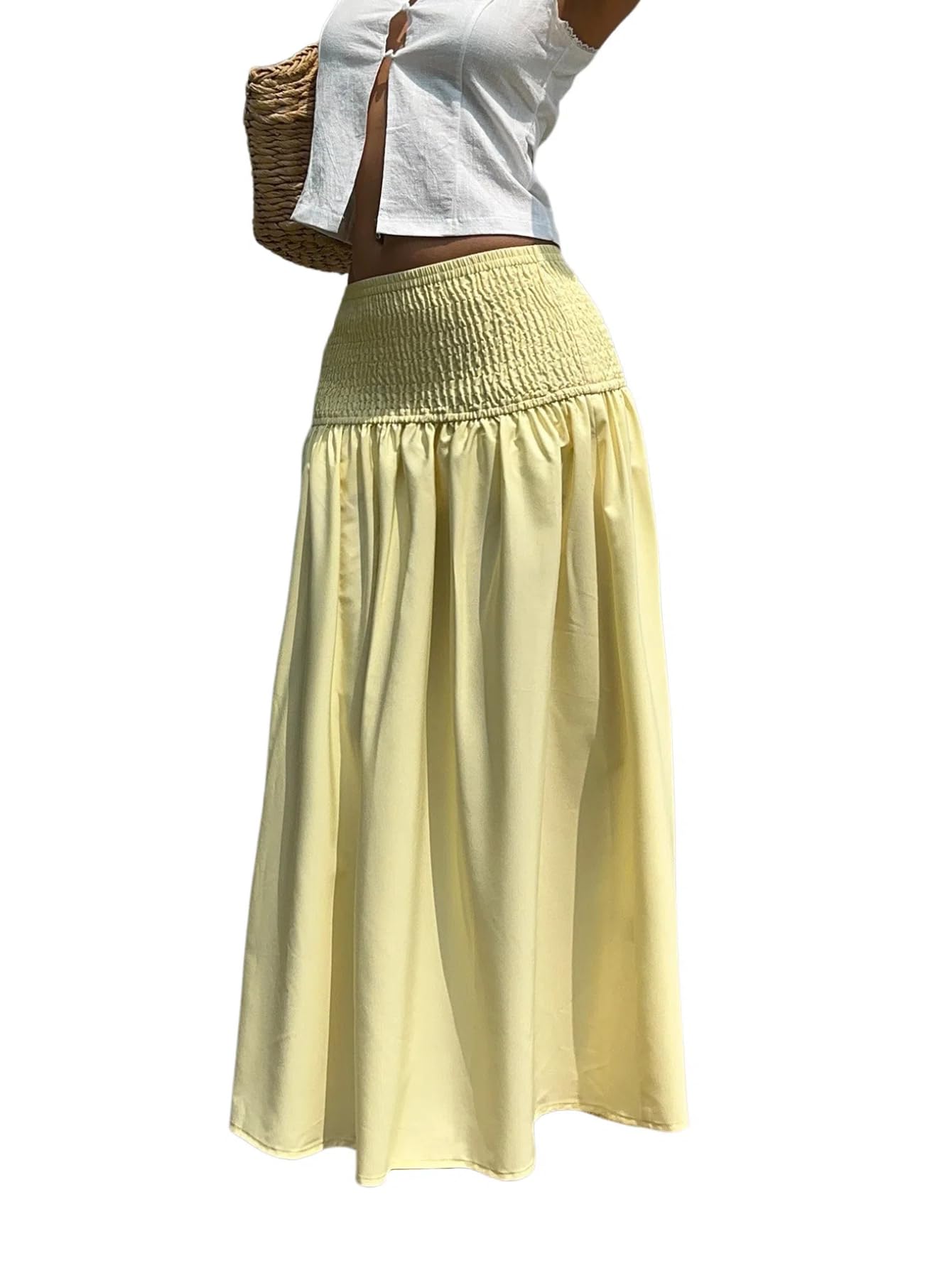 GORGLITTER Womens Flowy Ruffle Shirred Maxi Long Skirt Elastic High Waist A Line Skirts