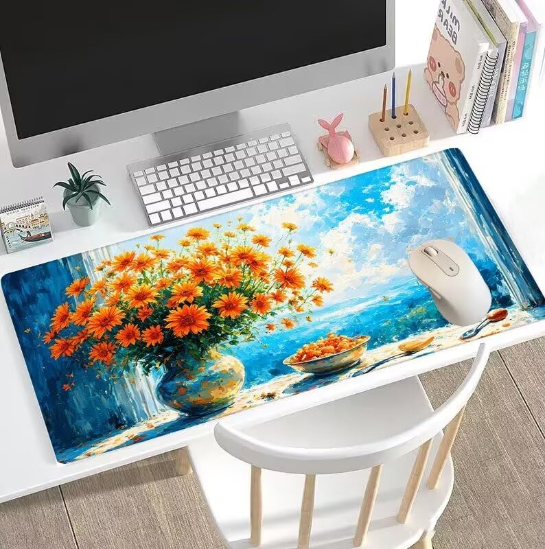 Tapis de Souris Bleu Tapis de Souris Gamer XXL 1000x500x3mm Gaming Accessoire, Tapis de Souris Vase Tapis Souris Résistant à l'eau avec Base en Caoutchouc antidérapant, Deco Bureau Travail W5-145