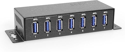 Coolgear Hub USB de 7 puertos con adaptador de corriente, datos de 5 Gbps, protección ESD, autoalimentado con entrada de CC, carcasa de metal