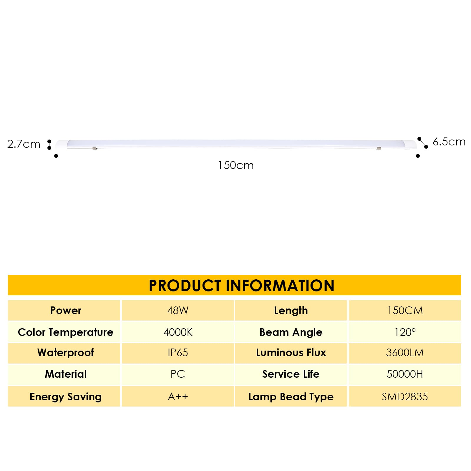Randaco 6x LED Feuchtraumleuchte 150cm 48W, 3600LM, Neutralweiß 4000K, IP65 Wasserdicht, Verbindbar, für lagerbeleuchtung industrie, Garage, Keller, Büro, Werkstatt