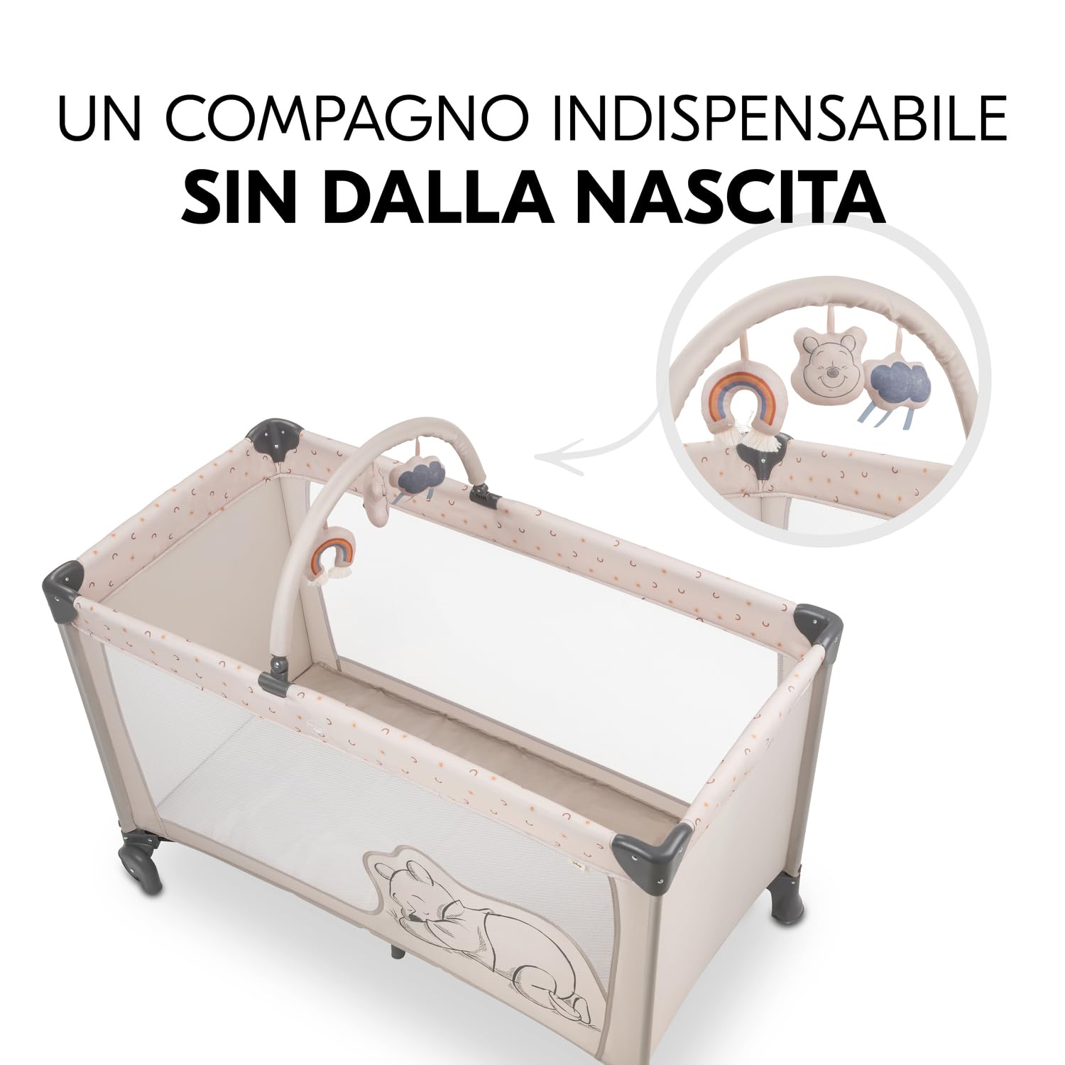 hauck Lettino Neonato da Viaggio Dream N Play Go - Letto Bambini Pieghevole, Culla per Neonati con Ruote e Arco Giochi - Winnie The Pooh Beige