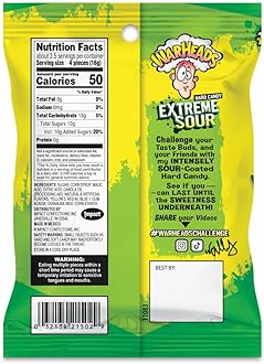 Warheads Extreme Sour Hard Green Apple, Black Cherry, Blue Raspberry, Lemon, and Watermelon Candy Pouch, 56 G, 57 Grams