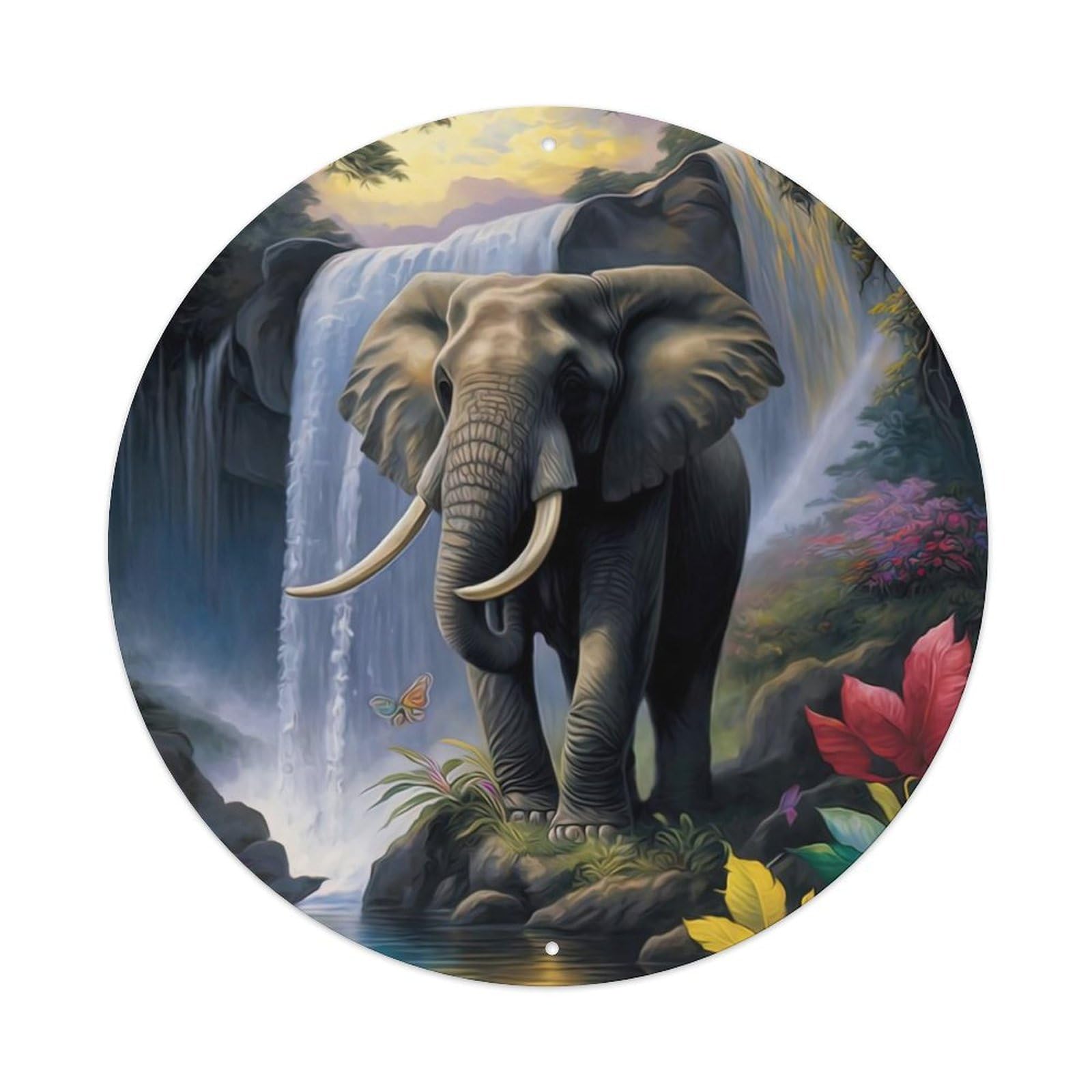 Animal Artwork Elephant by The Waterfall Vintage Metal Tin Sign Plaque Wall Decor for Cafe, Club Bar, Office, Garden Metal Poster 8x8Inch