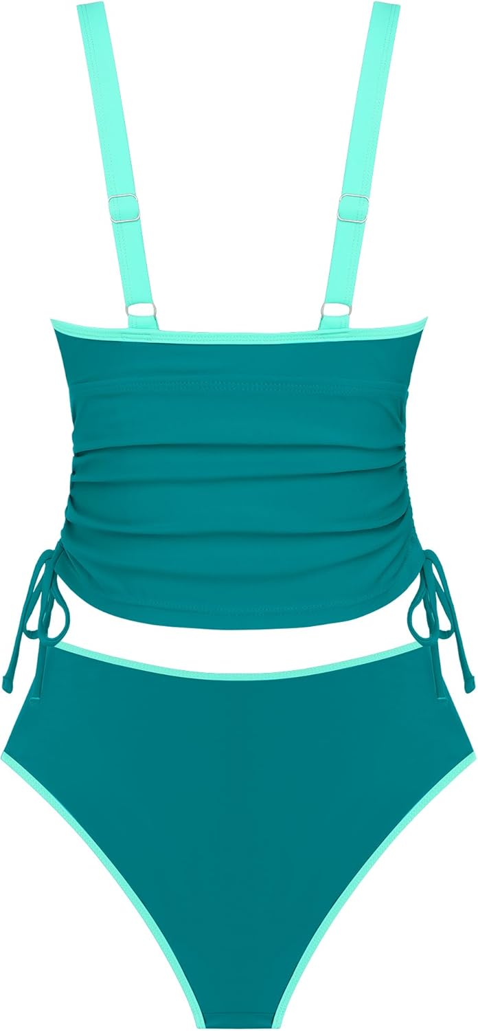 ZAFUL Womens Tankini Swimsuits Tummy Control Bathing Suits 2025 Two Piece Color Block Swim Suit with High Waisted Bottom (Teal Green, X-Large) - Image 3