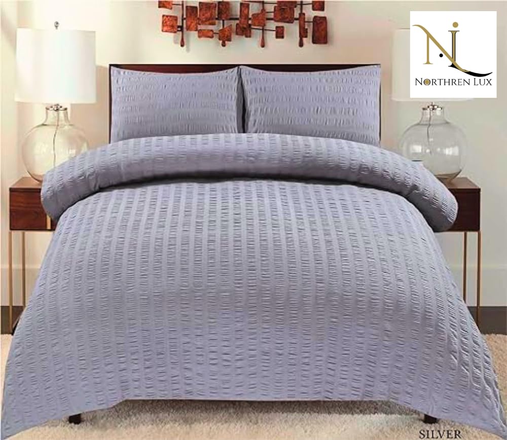 Northern Luxe Seersucker Duvet Cover Sets Luxury Natural Microfiber Soft Cosy Easy Care Quilt Bedding Set with Pillowcases (Double, Silver)