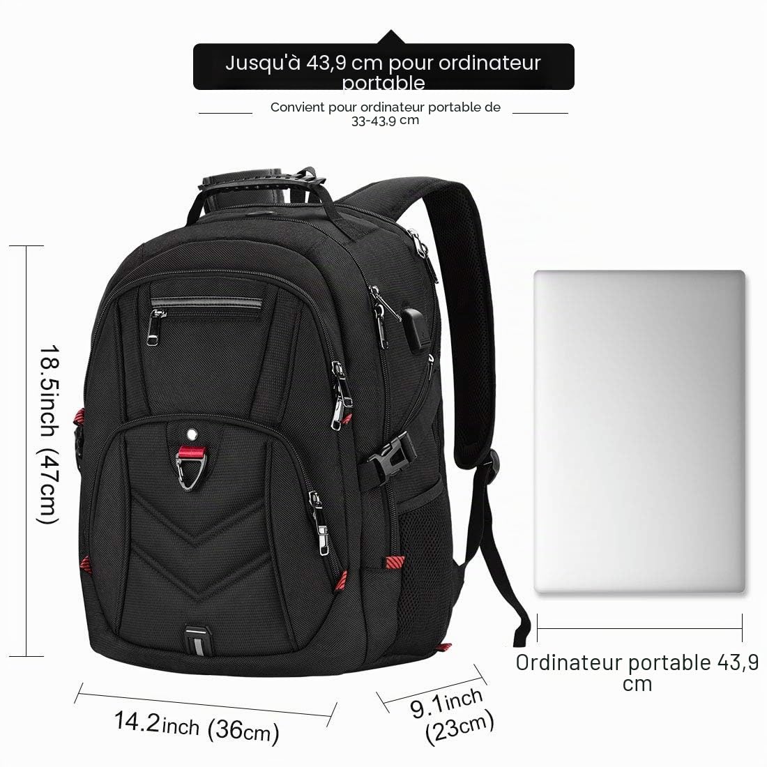NEWHEY Sac à Dos Ordinateur Homme 17.3 Pouces avec USB Charging Port 45L | Sac a Dos PC Portable Imperméable Sac a Dos College Garcon Grande Capacité pour Affaire Voyage