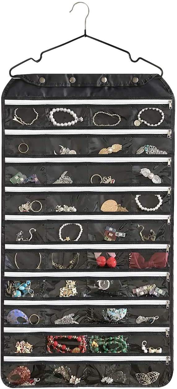 BB BrotradeHanging Jewelry Organizer with Oxford Double Side 80 Zippered Storage Pocket (Black)