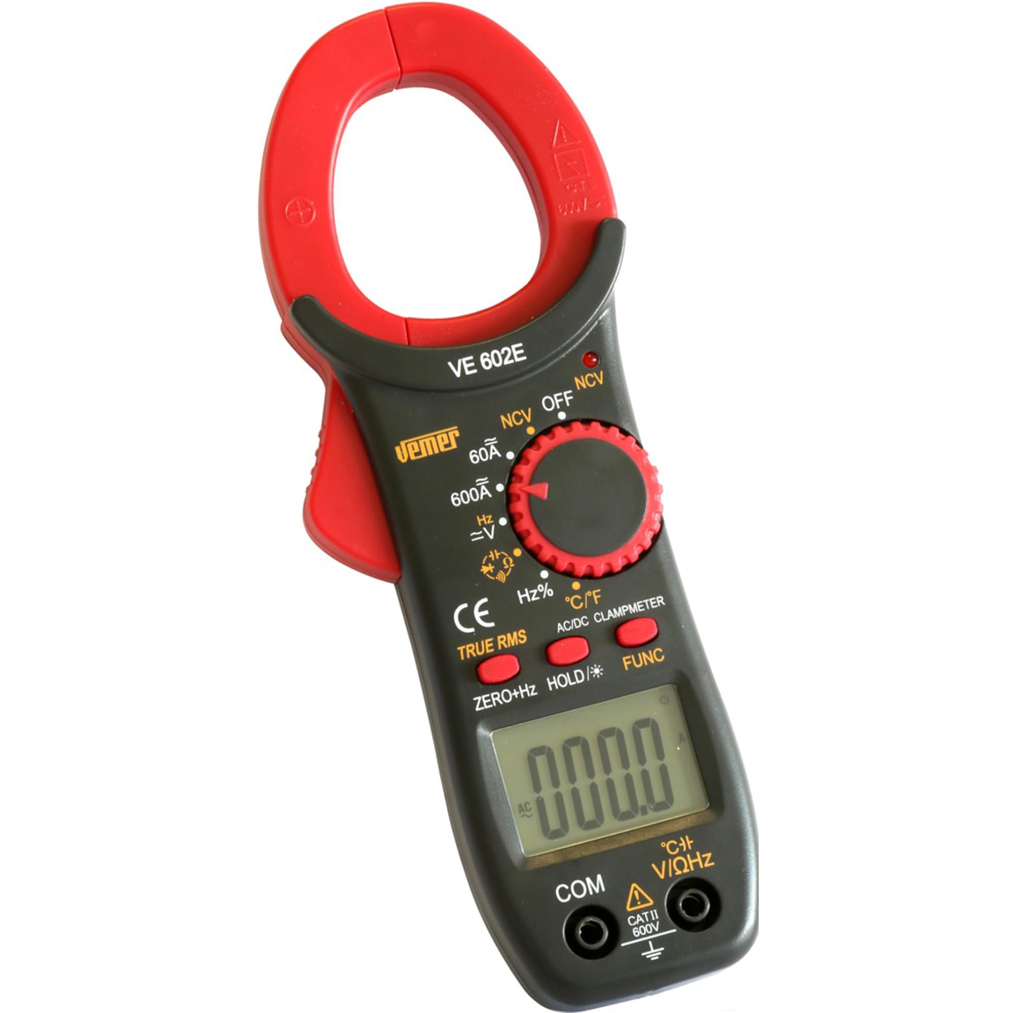 VEMER VE772500 VE 602E – Pinza Amperometrica Digitale per Elettricisti con Multimetro, NCV LED, CAT II 600V, 6000 Punti, Misura Corrente e Tensione AC/DC, Capacità, Frequenza, Temperatura con Sonda K