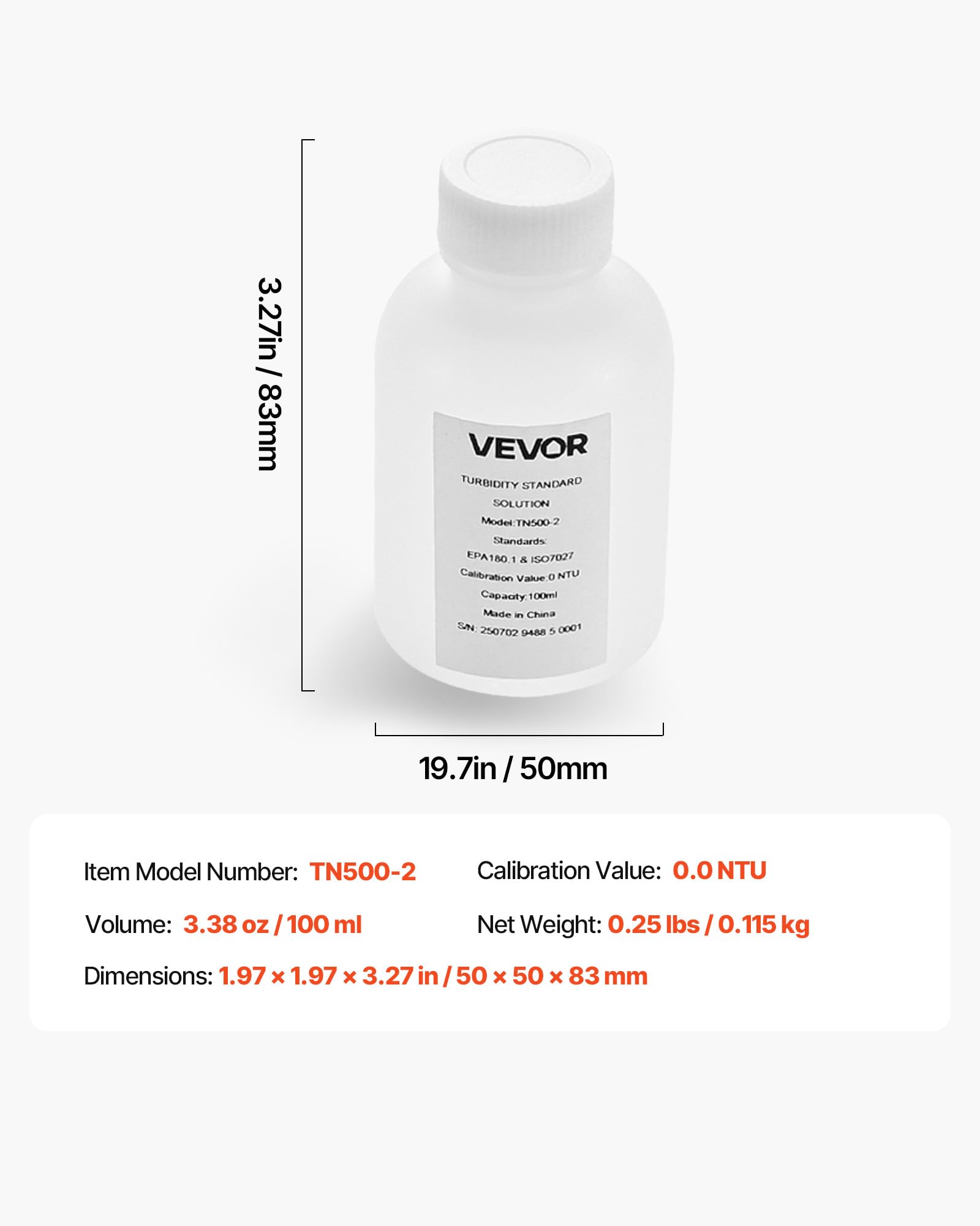 VEVOR Solución de Calibración de Turbidez, 0 NTU, 100 ml, para Turbidímetros, Deriva Cero para Una Concentración Estable, para Luz Blanca/Roja, para Entornos Educativos, Ambientales e Industriales