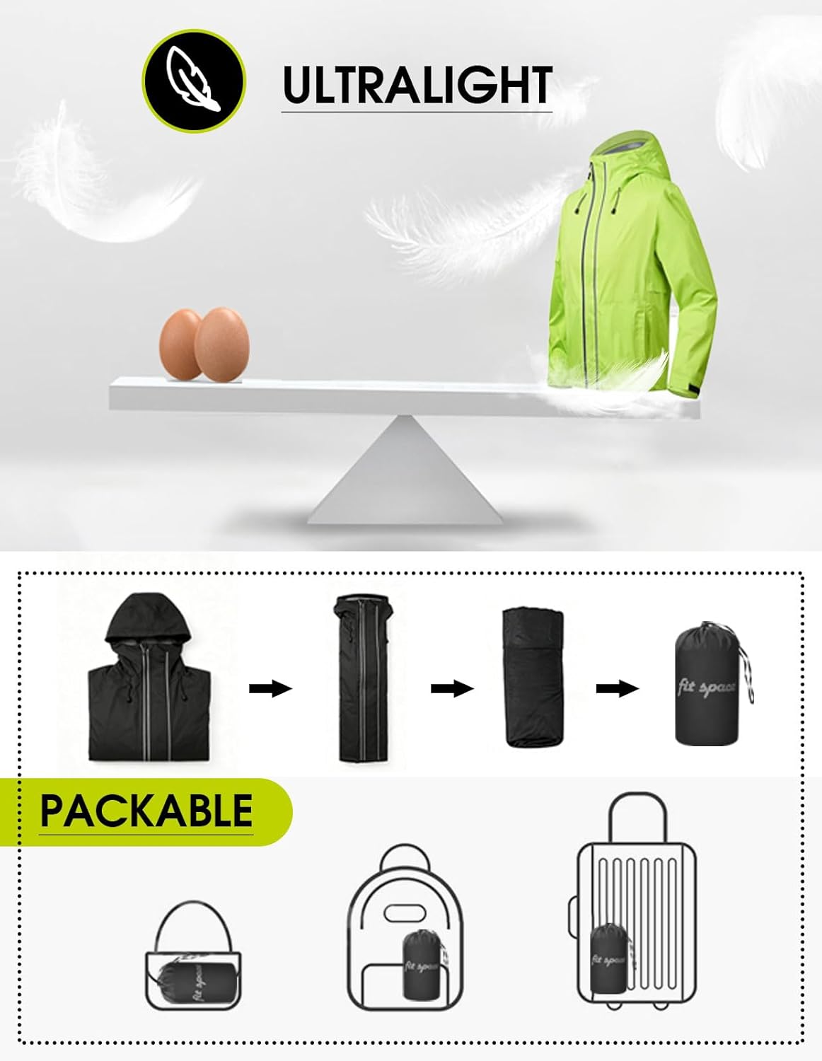 fit space Men's Ultralight Waterproof 3L Rain Jacket Packable Travel Raincoat Windproof Lightweight Hiking Skiing Shell Hood - Image 4