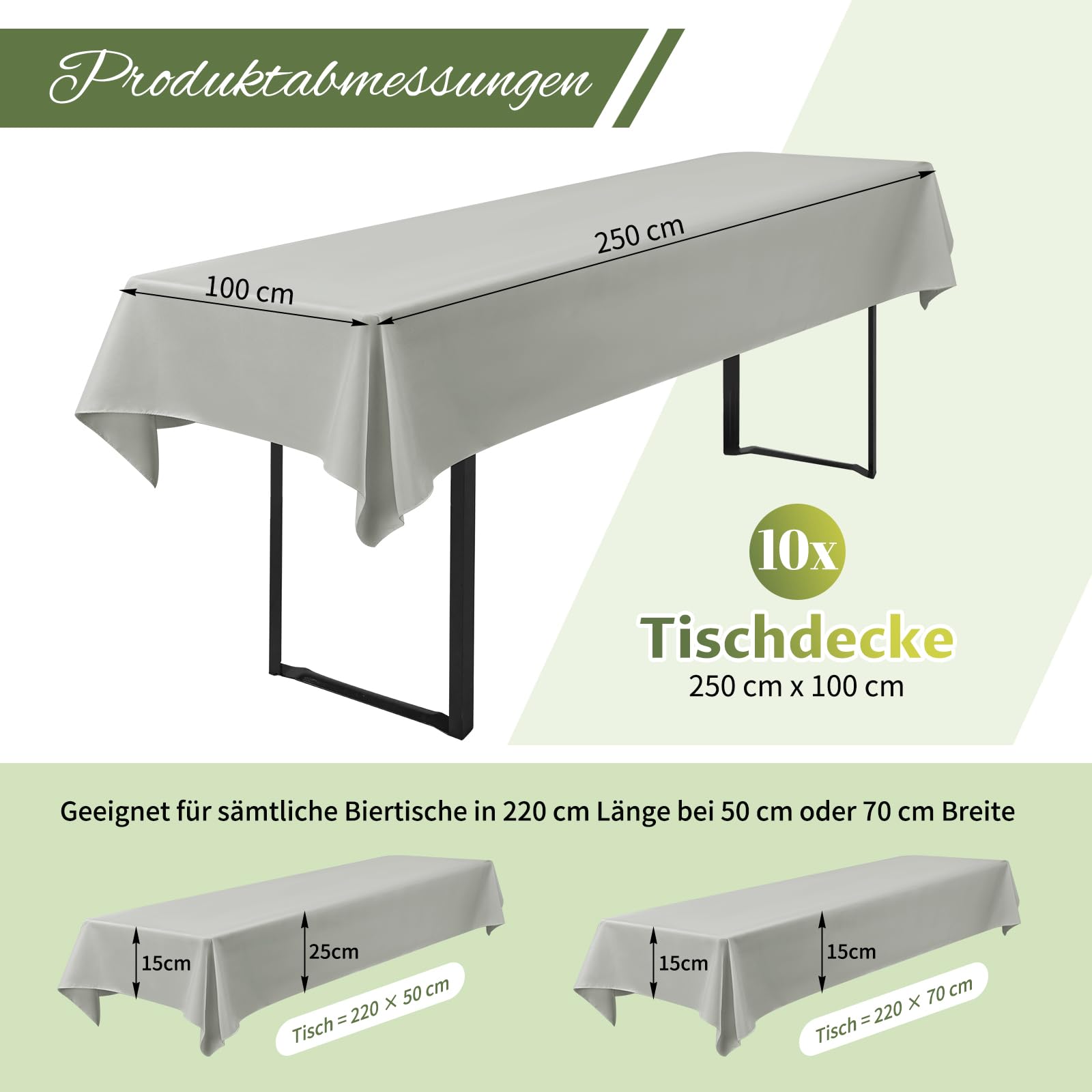 Teruntrue Juego de 10 manteles de cerveza, color gris claro, 250 x 100 cm, rectangular, lavable, poliéster, universal, para juegos de cerveza de 50 y 70 cm