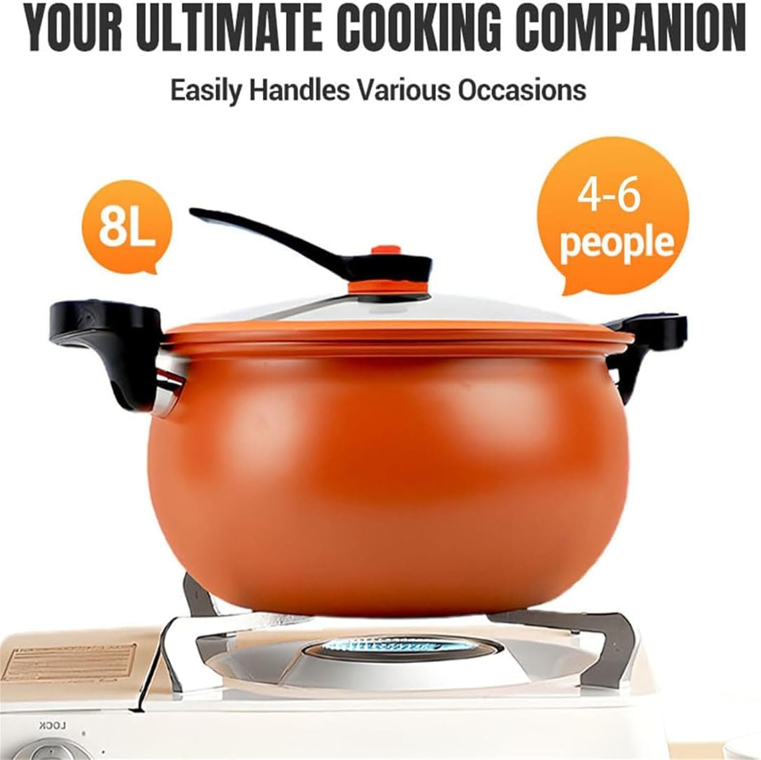 Micro Pressure Cooker, Multifunctional Large Capacity Non-stick Pressure Cooker, 8 Quart Cooking Pot with Anti-Scalding Handle & Visual Glass Lid for Stovetop (Orange)