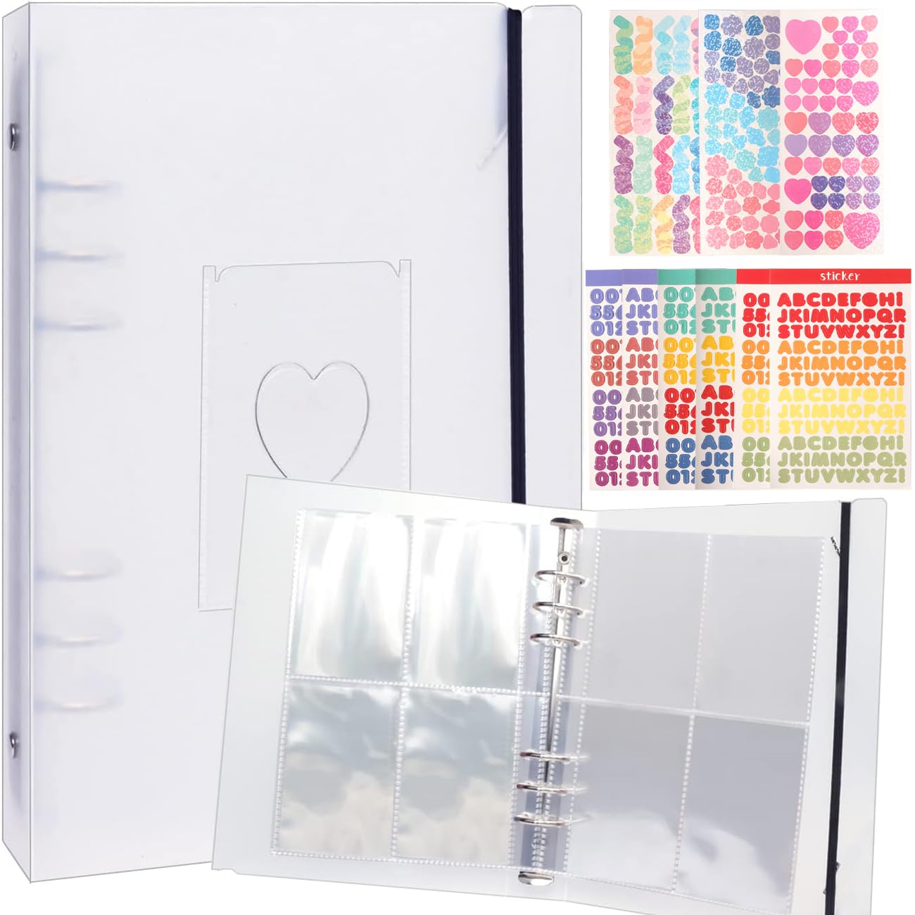 Kpop Photocard Binder Sleeves A5 Ring Binder Kpop Photo Card Holder Book Clear Large Photo Album 6 Rings Scrapbook Card Protectors Plastic Sleeves Pages with 9 Pcs Stickers 160 Pockets