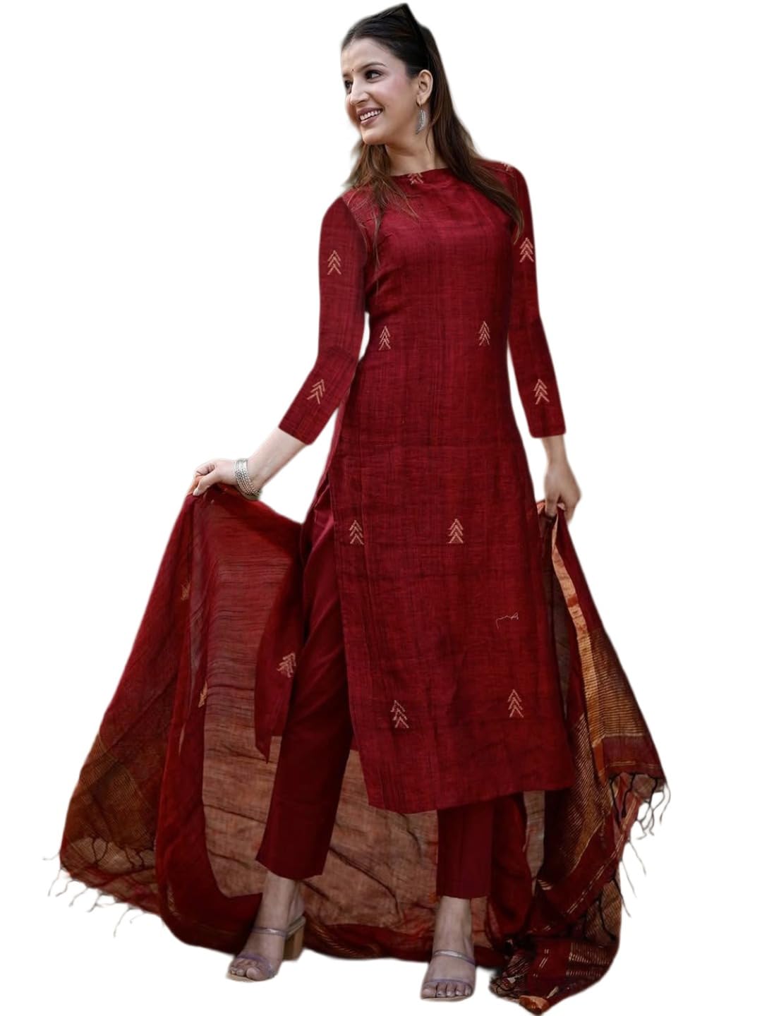 Pure Cotton Maroon Kurta Pant Set with Dupatta for Women | 3 Piece Gold Hand Block Printed Suit Set | Cotton Kurta Set for Women | Festive Kurti Set