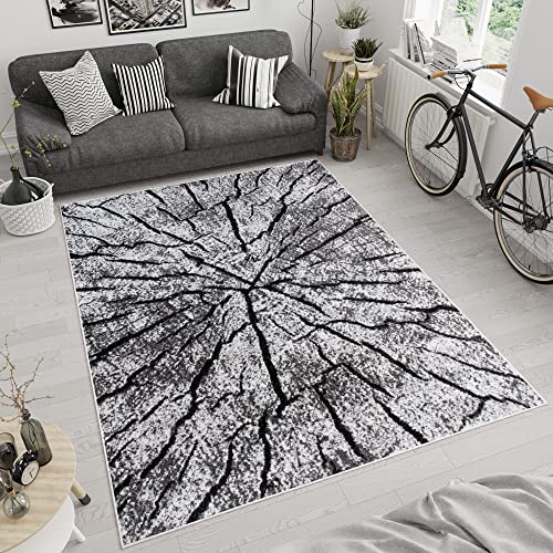 TAPISO Luxury Teppich Kurzflor Dunkelgrau Grau Creme Modern Baumstamm Muster Meliert Streifen Design...