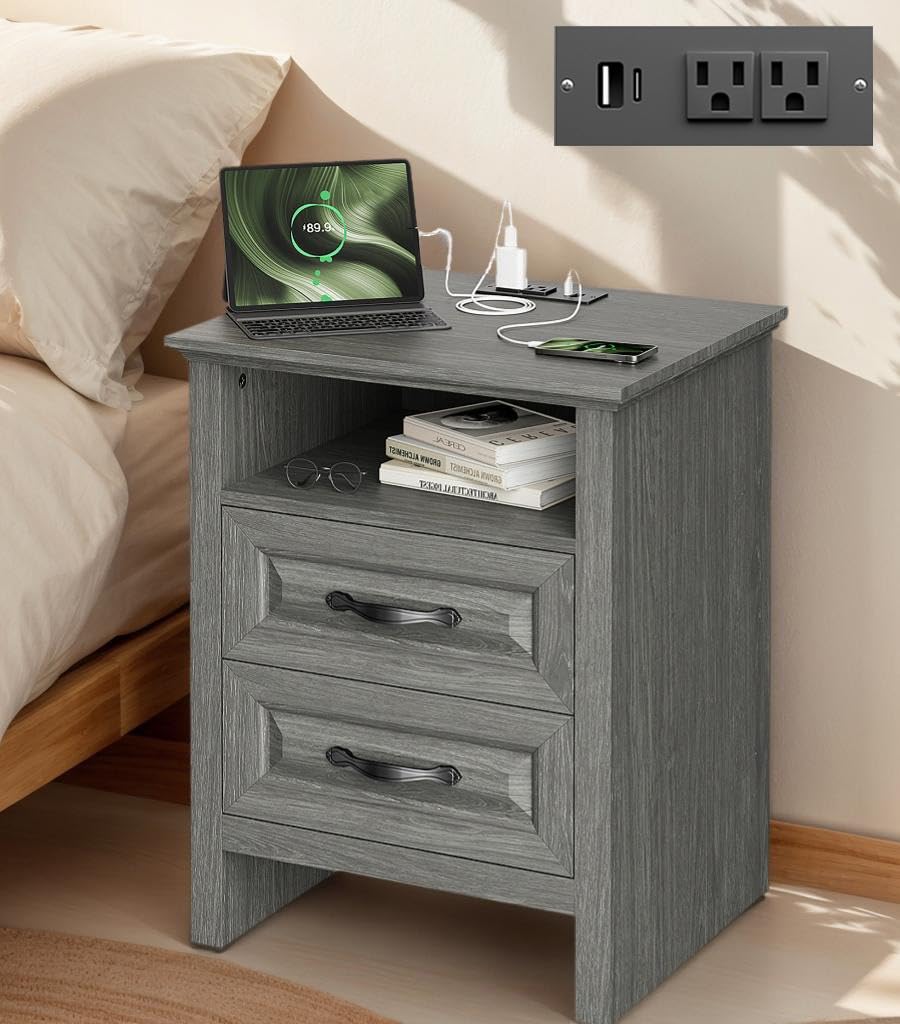 Marsail Farmhouse Nightstand with Charging Station, Bedside Table with 2 Drawers Storage and Open Shelf, Bedside Cabinet for Bedroom, Rustic Side Table, Gray